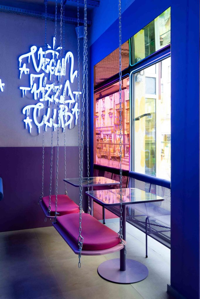 FoodX Food Court Restaurant Interior Downtown Poznan Poland Full of Neon Lights, Glass bricks, 80s vibes