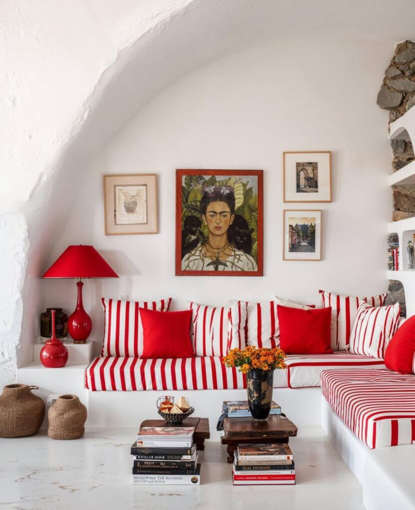 striped interiors in a 1970s interior design living room with red and white cushions